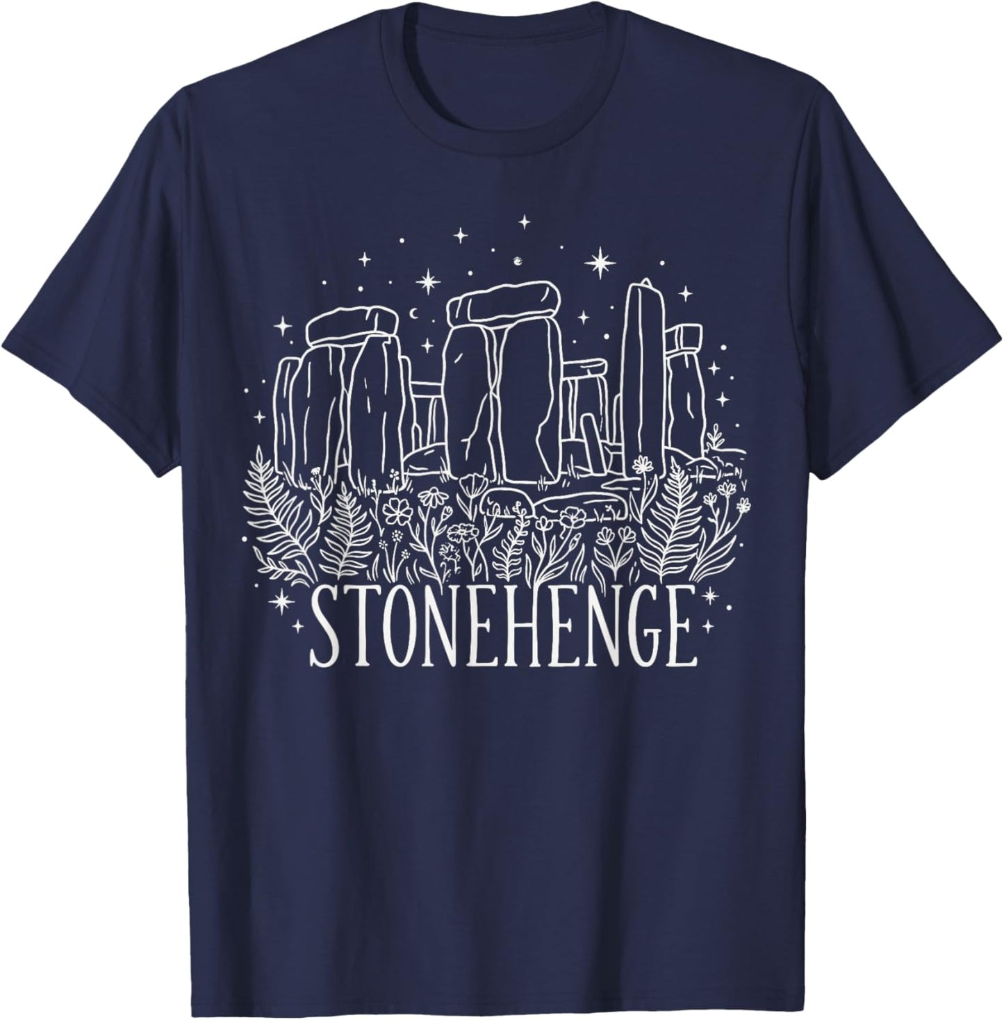 Stonehenge Line Art Botanical Celestial Stonehenge T-Shirt - T-Shirt | Navy
