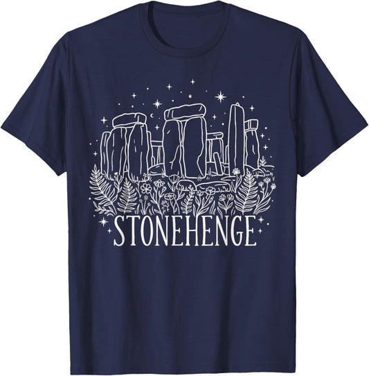 Stonehenge Line Art Botanical Celestial Stonehenge T-Shirt - T-Shirt | Navy