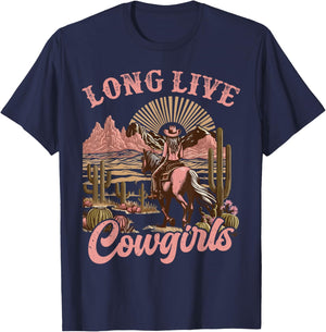 Vintage Western Country Southern Women Girls Gifts Long Live Country Cute Cowgirl Riding Horse Howdy Rodeo T-Shirt - T-Shirt | Navy