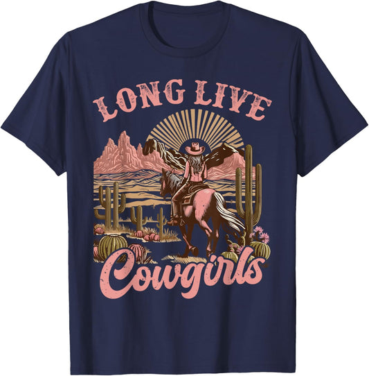 Vintage Western Country Southern Women Girls Gifts Long Live Country Cute Cowgirl Riding Horse Howdy Rodeo T-Shirt - T-Shirt | Navy