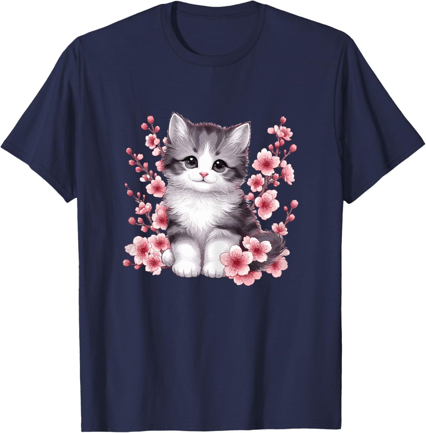 Cat with Cherry Blossoms Cute Cat T-Shirt - T-Shirt | Navy