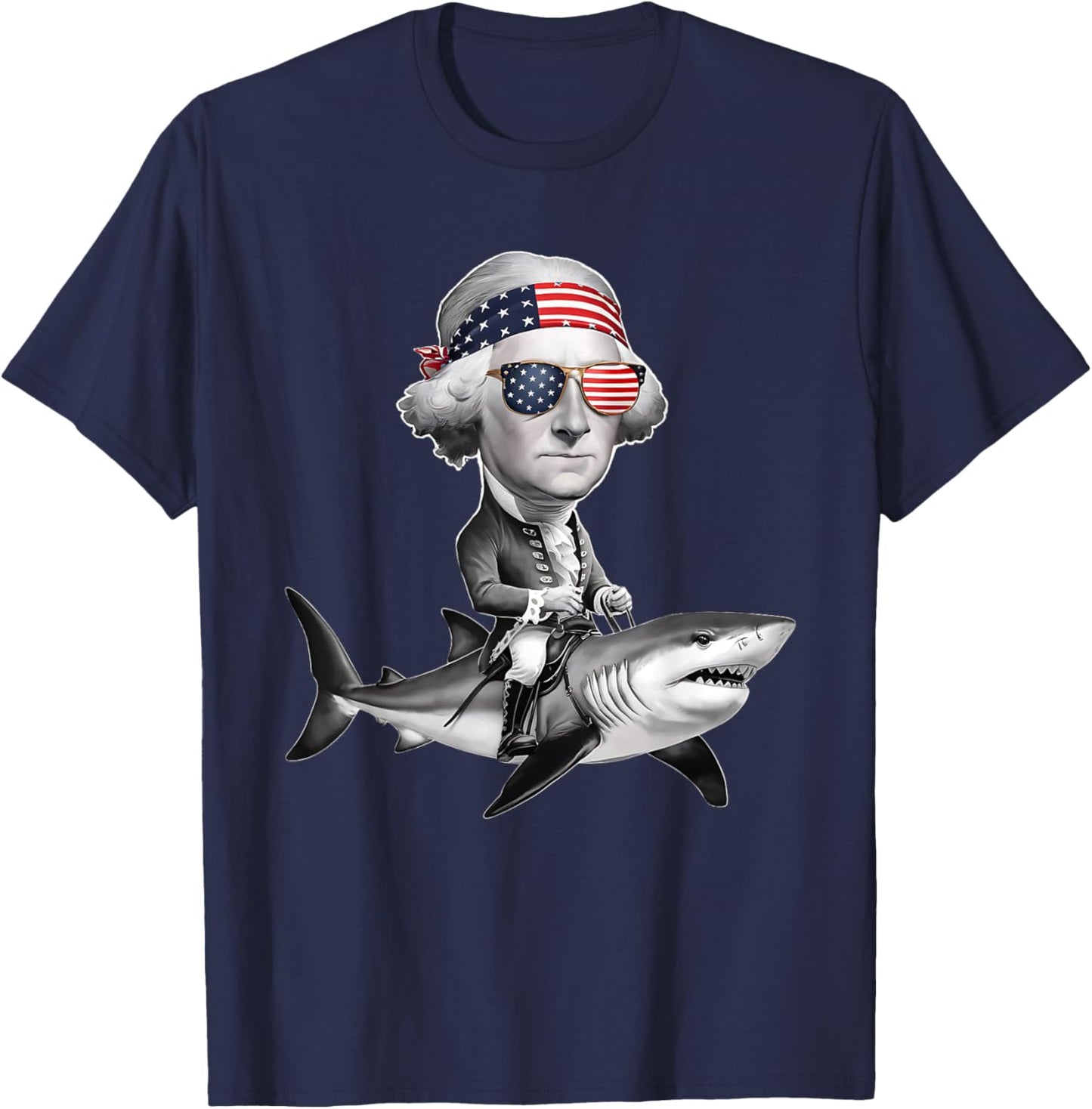 Funny George Washington Riding Shark 4th of July USA Flag Women Kids Men T-Shirt - T-Shirt | Navy