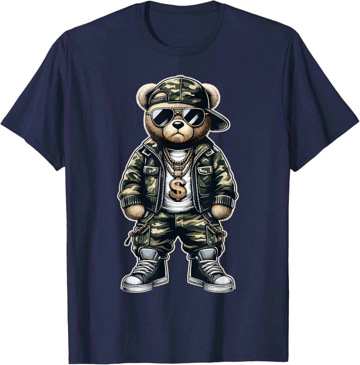 Camouflage Hip Hop Teddy Bear T-Shirt - T-Shirt | Navy