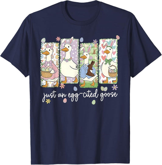 Preppy Just an Egg-Cited Goose Easter Silly Goose Girl Women T-Shirt - T-Shirt | Navy