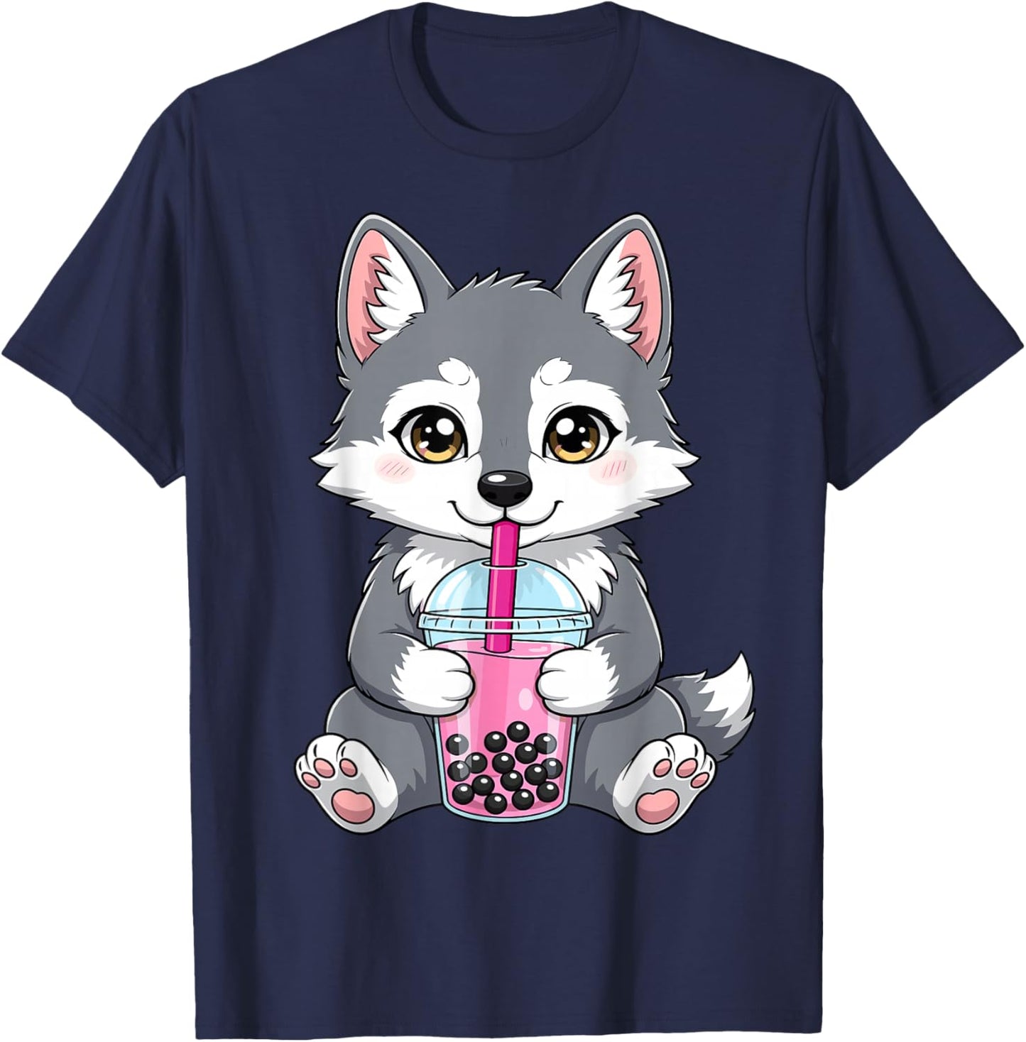 Wolf with Boba Bubble Tea Cute Kawaii T-Shirt - T-Shirt | Navy