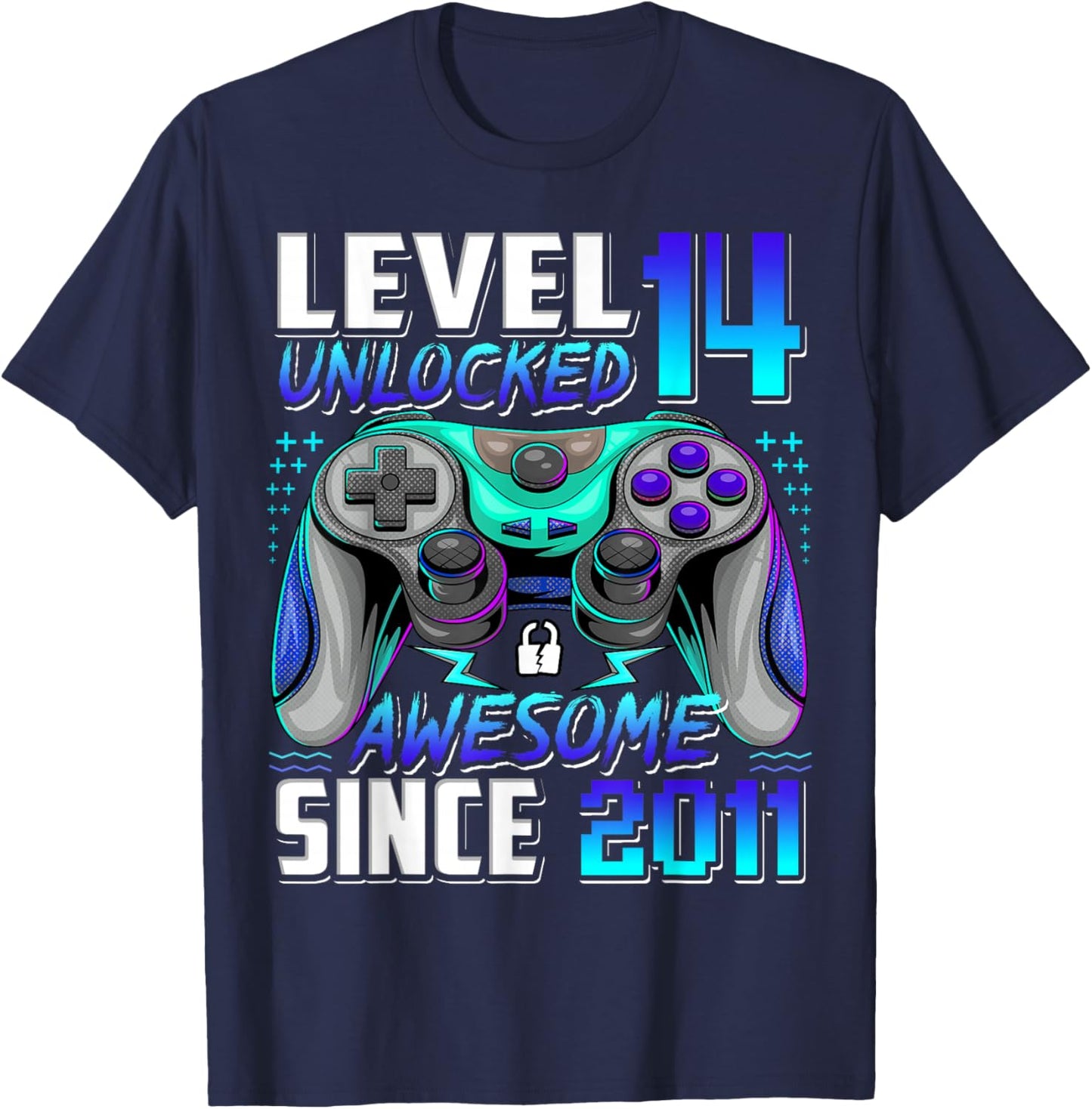 Level 14 Unlocked Awesome Since 2011 14th Birthday Gaming T-Shirt - T-Shirt | Navy