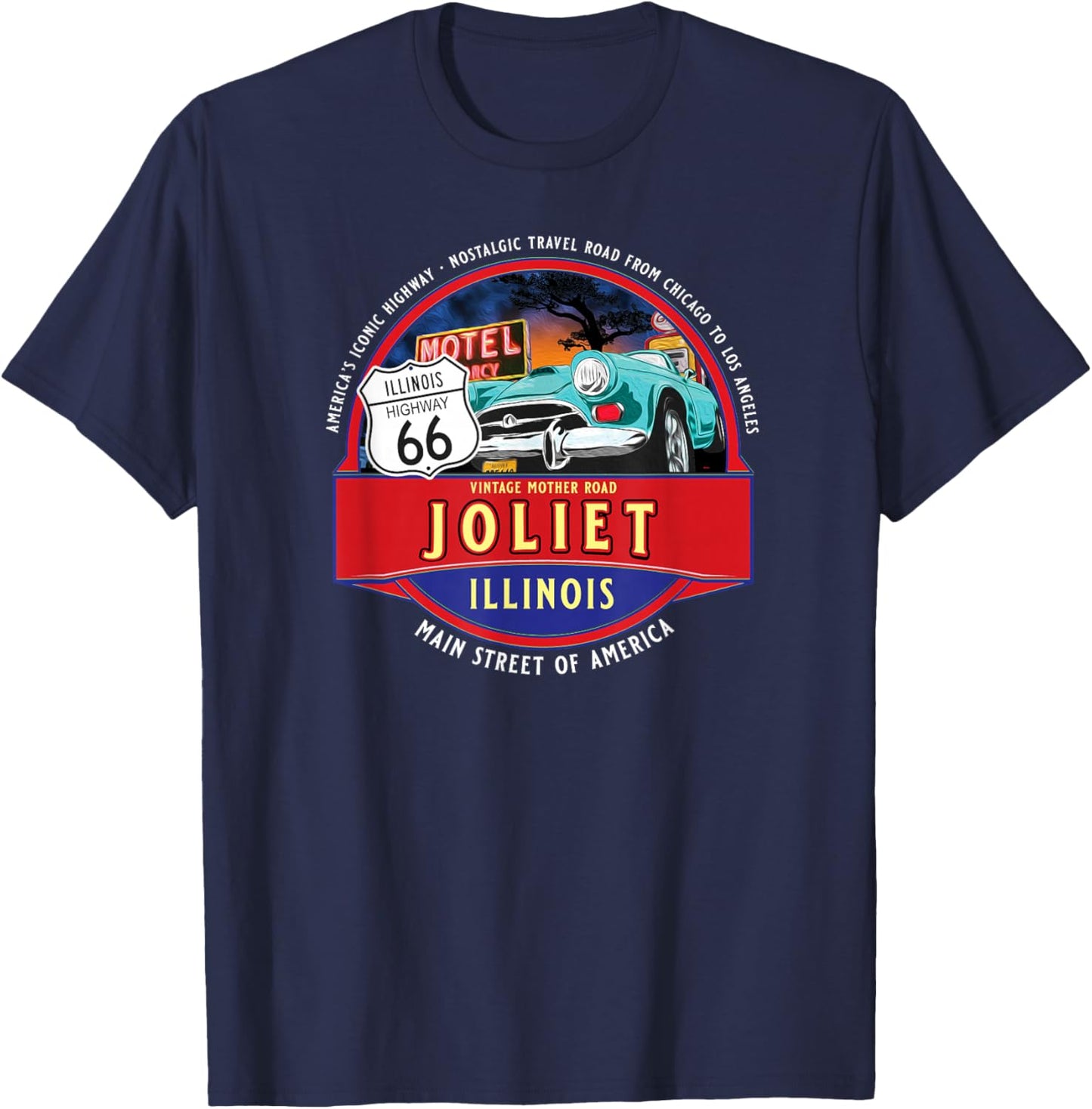 Retro Joliet Illinois Iconic Highway 66 Road Trip Souvenir T-Shirt - T-Shirt | Navy