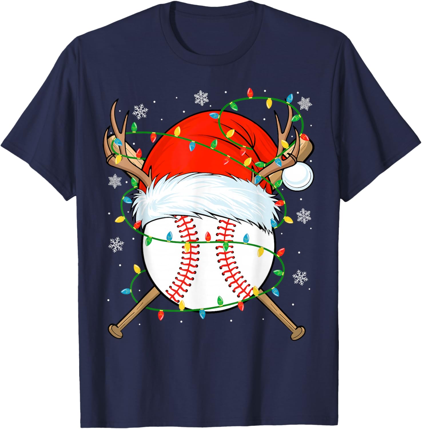 Santa Baseball Ball Xmas Lights Christmas Baseball Player T-Shirt - T-Shirt | Navy