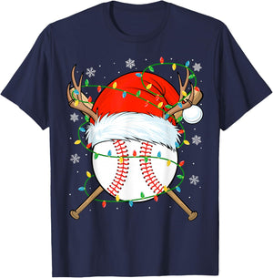 Santa Baseball Ball Xmas Lights Christmas Baseball Player T-Shirt - T-Shirt | Navy