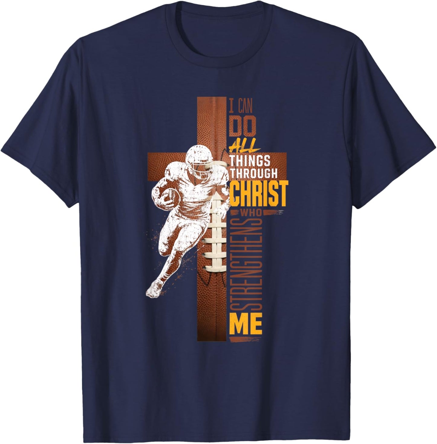 Christian Football Cross Athlete Faith Scripture Bible Verse T-Shirt - T-Shirt | Navy