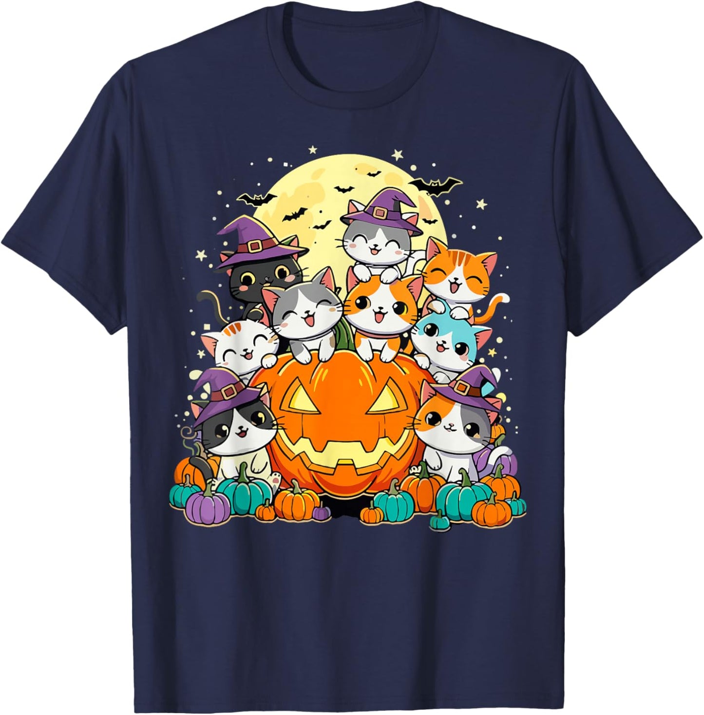 Halloween Cat Kawaii Pumpkin Cats T-Shirt - T-Shirt | Navy