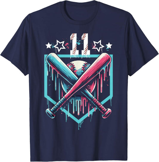 Baseball Drip 11th Birthday Boys Number 11 Youth 11 Year Old T-Shirt - T-Shirt | Navy