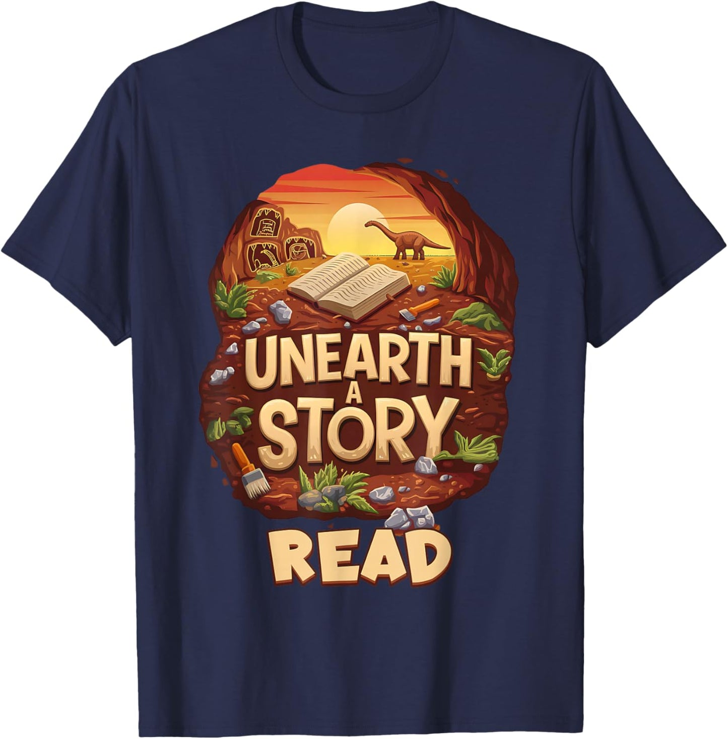 Unearth A Story : READ Library Reading T-Shirt - T-Shirt | Navy