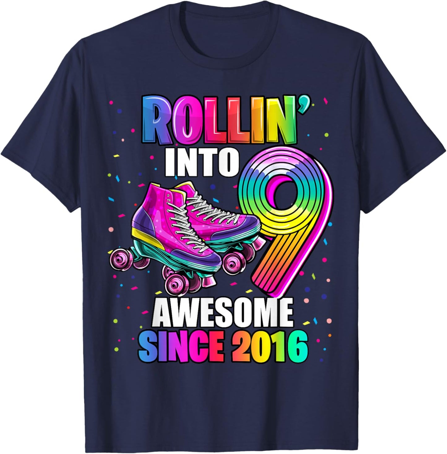 Birthday Roller Skating 9th Girls Rollin into 9 Skate Party T-Shirt - T-Shirt | Navy