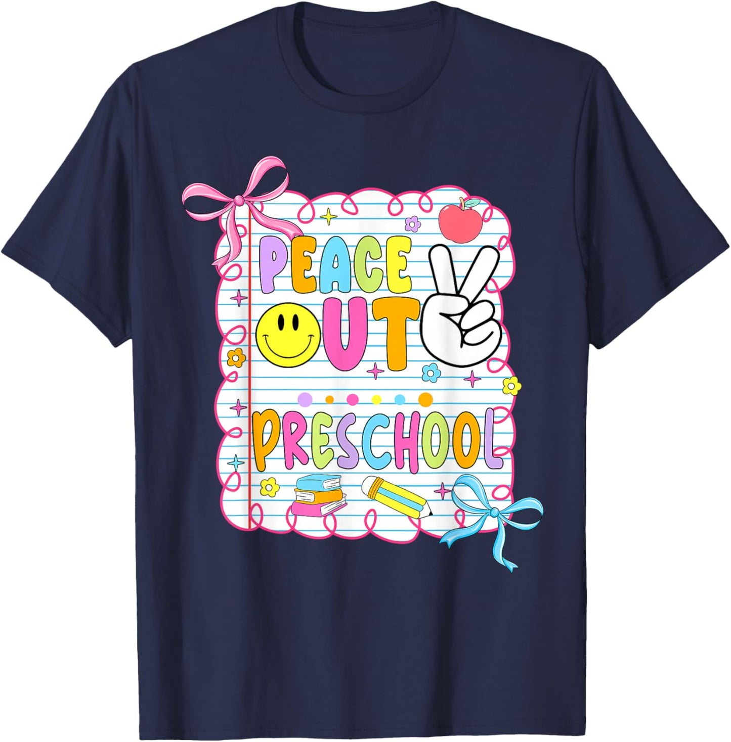 Peace Out Preschool Kid Girl Last Day of School Bow Coquette T-Shirt - T-Shirt | Navy