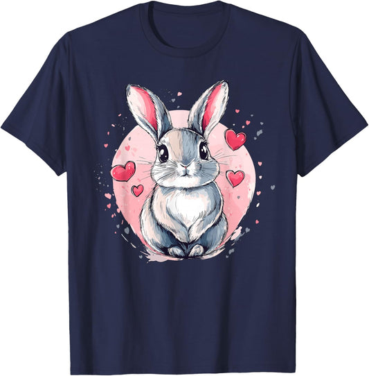 Bunny Surrounded By Pink Hearts T-Shirt - T-Shirt | Navy
