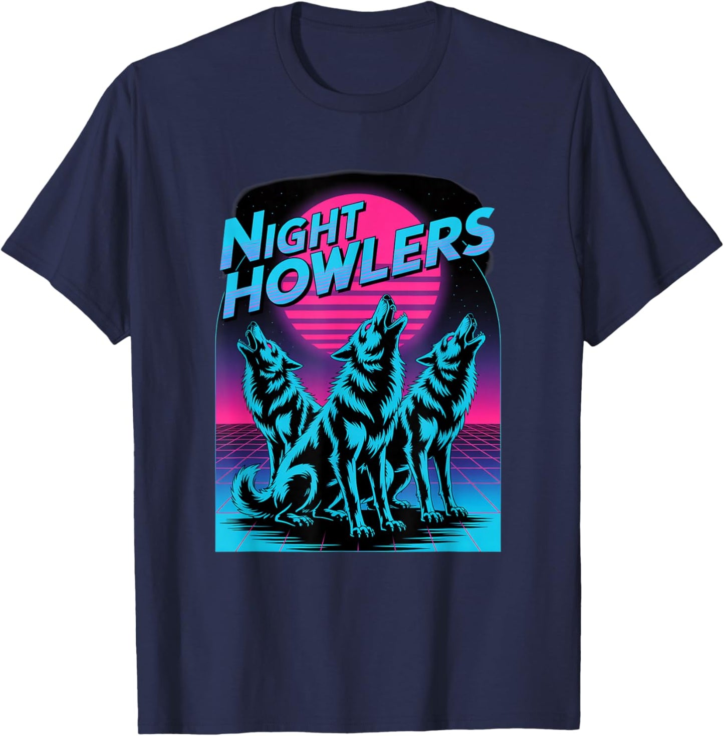 Night Howlers Retro Synthwave Wolf Moon Pack T-Shirt - T-Shirt | Navy