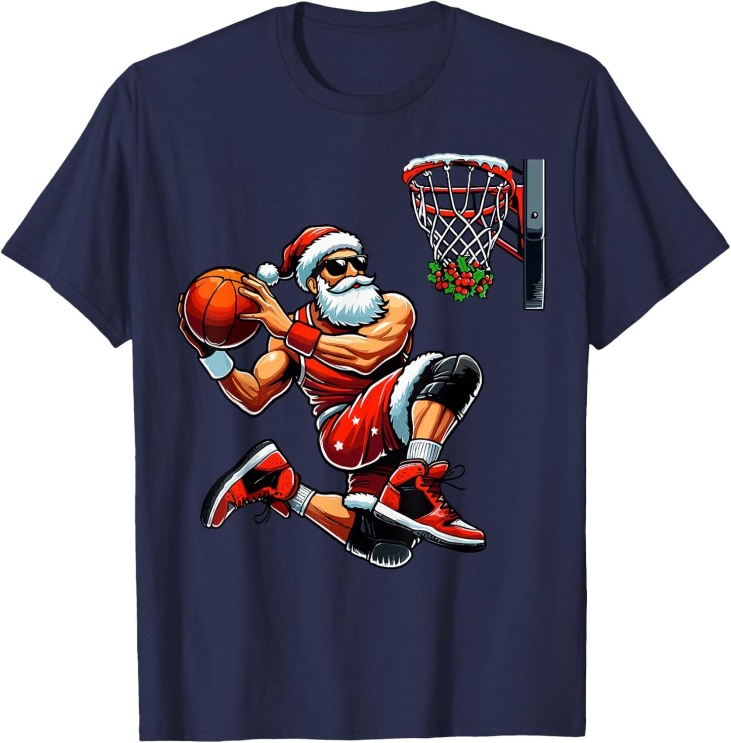 Santa Basketball Player Dunking Xmas Christmas Basketball T-Shirt - T-Shirt | Navy