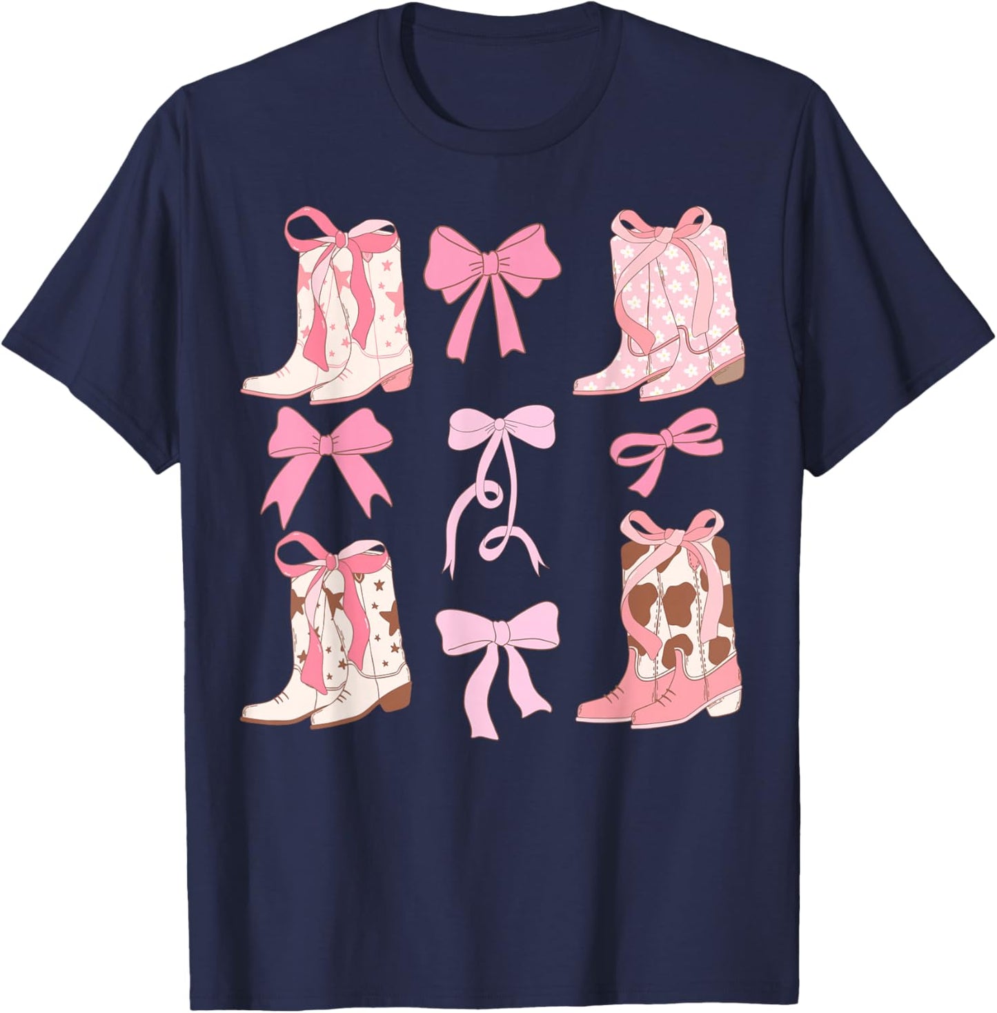 Coquette Cowgirl Boots with Bows Y2K Teen Girls Top T-Shirt - T-Shirt | Navy