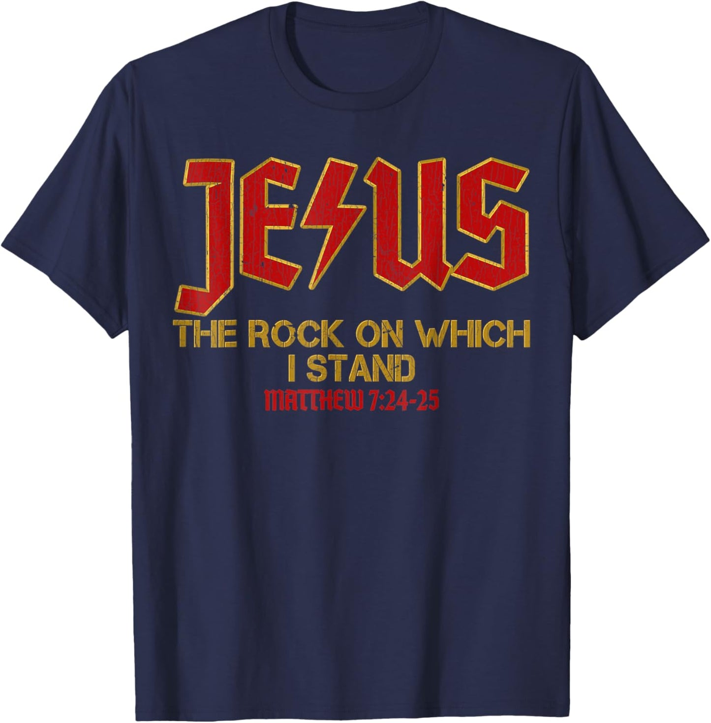 Vintage Retro Christian Jesus Rock Band Matthew 7:24 Retro V T-Shirt - T-Shirt | Navy