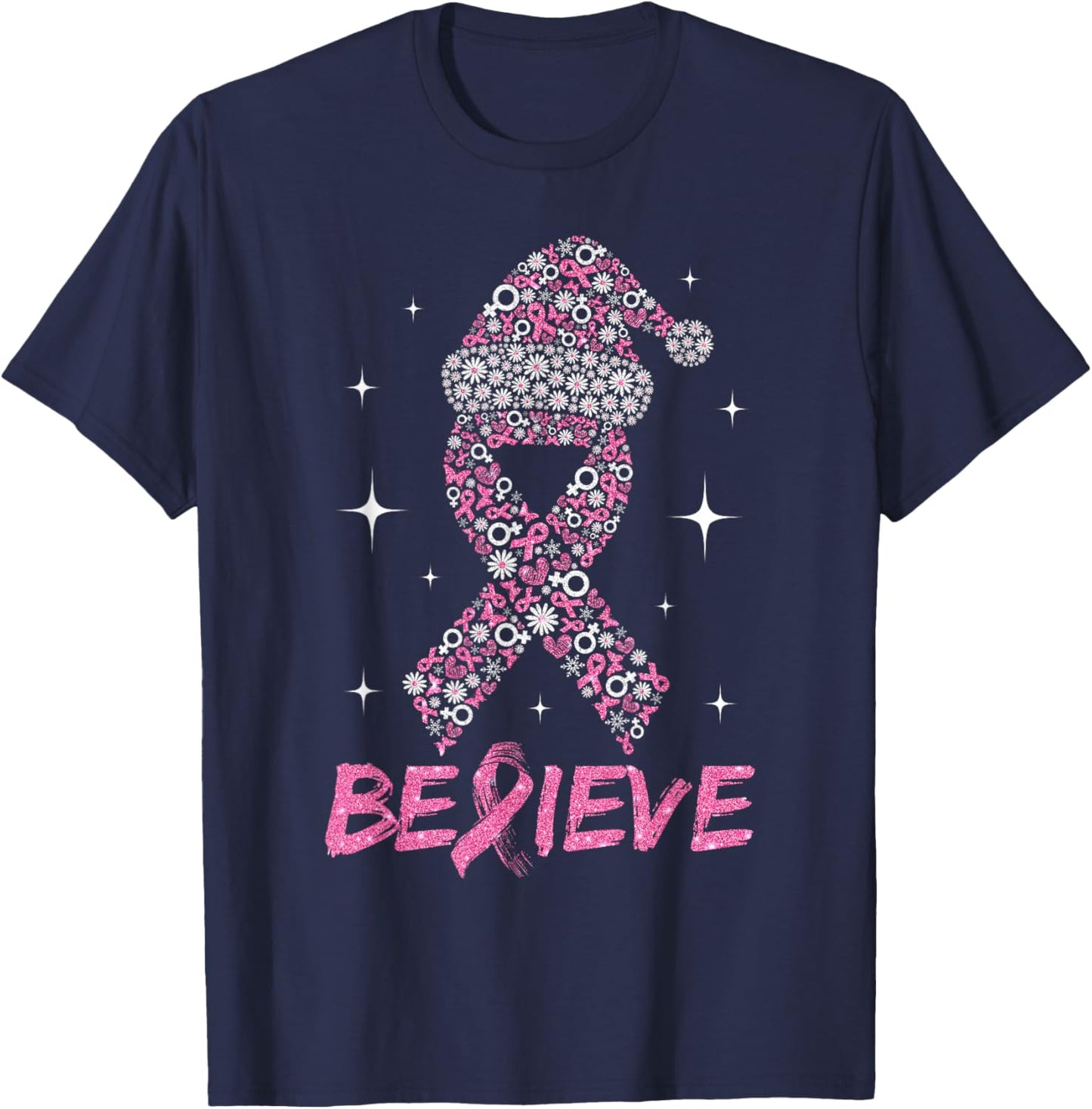 Believe Pink Ribbon with Santa Hat Christmas Breast Cancer T-Shirt - T-Shirt | Navy