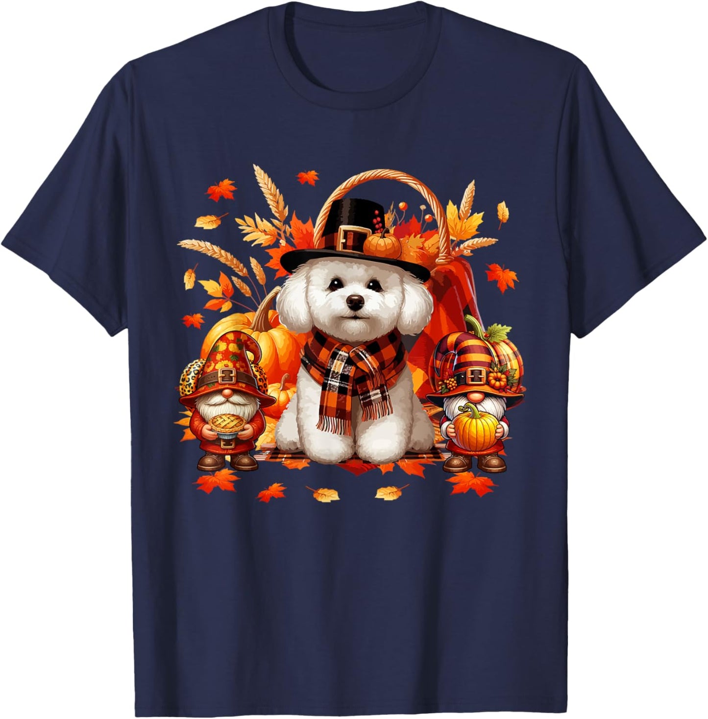 Thanksgiving Bichon Frise With Gnomes Fall Leaves Pumpkins T-Shirt - T-Shirt | Navy