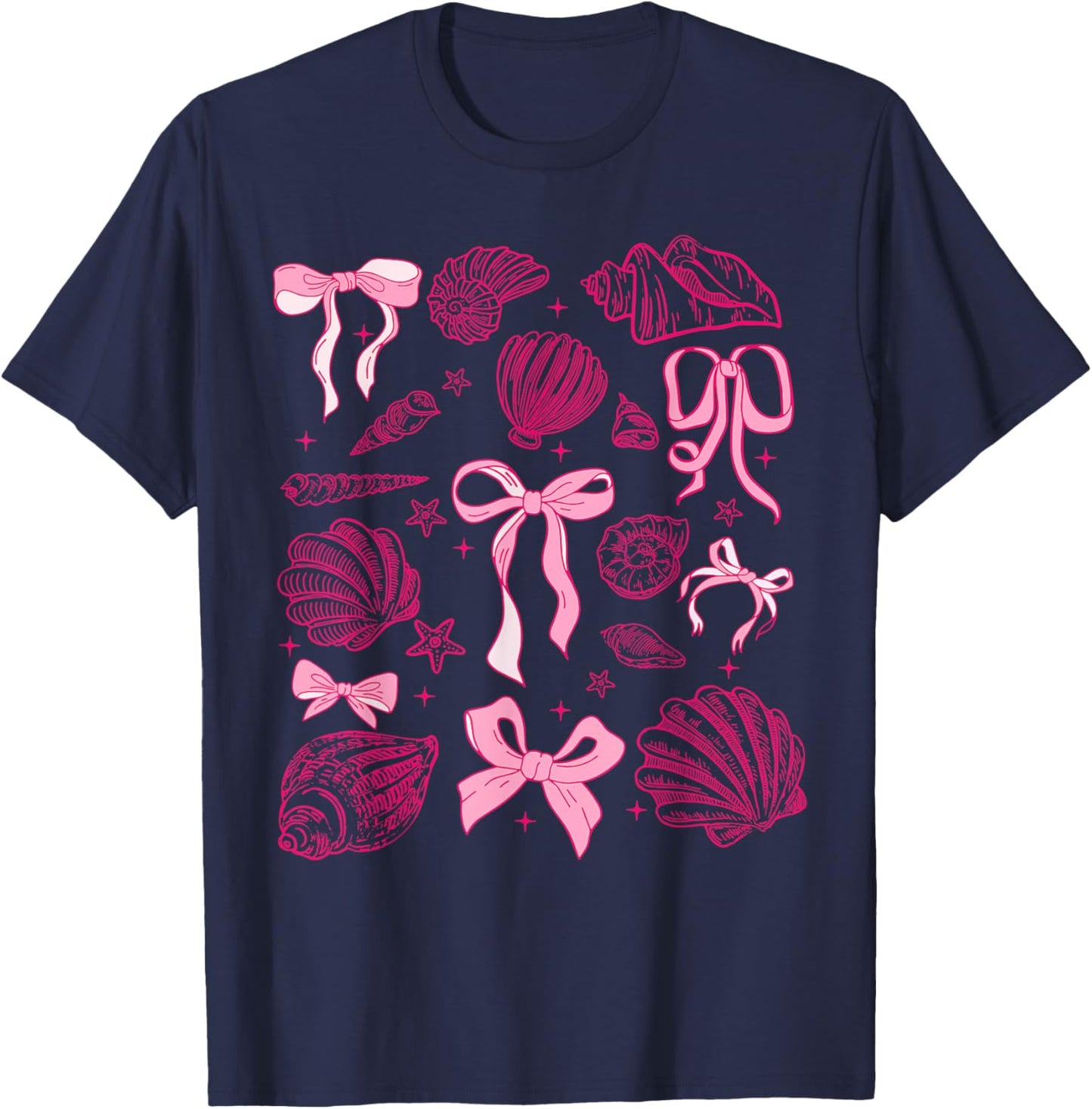 Pink Coquette Bow Seashell Beach Summer Coastal Ocean Beach T-Shirt - T-Shirt | Navy