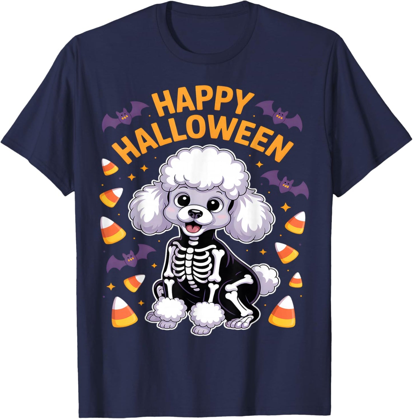 Poodle Skeleton Happy Halloween T-Shirt - T-Shirt | Navy