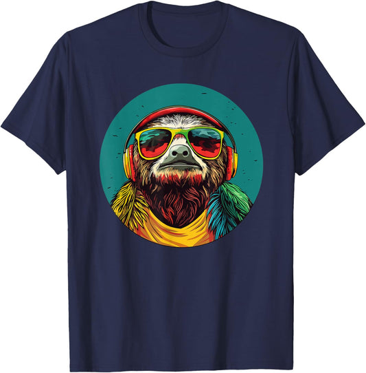 Sloth With Headphones And Sunglasses T-Shirt - T-Shirt | Navy