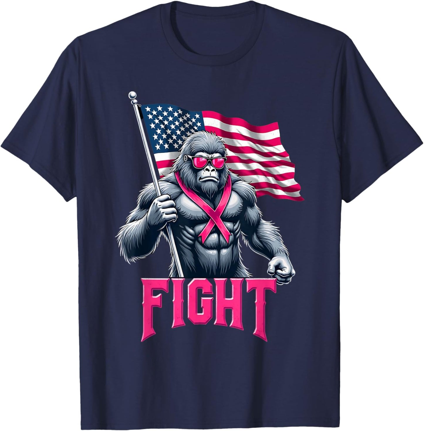 Bigfoot Sasquatch Fight Breast Cancer Awareness Pink Ribbon T-Shirt - T-Shirt | Navy