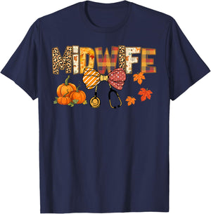 Cute Midwife Coquette Bow Stethocope Fall Pumpkin Autumn T-Shirt - T-Shirt | Navy