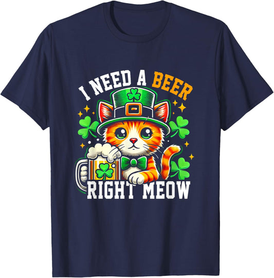 I Need A Beer Right-Meow Irish Beer Cat Patrick Day Drinking T-Shirt - T-Shirt | Navy