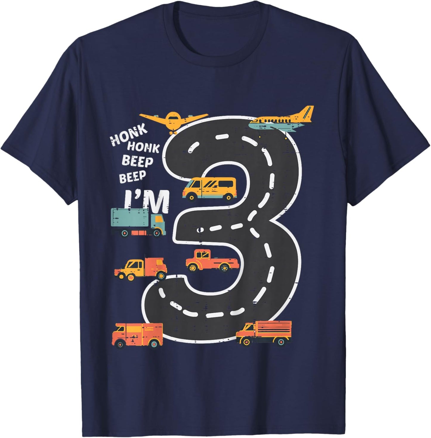 Kids 3rd Birthday 3 Road Honk Beep Im Three Bday Vehicle Boys Kid T-Shirt - T-Shirt | Navy