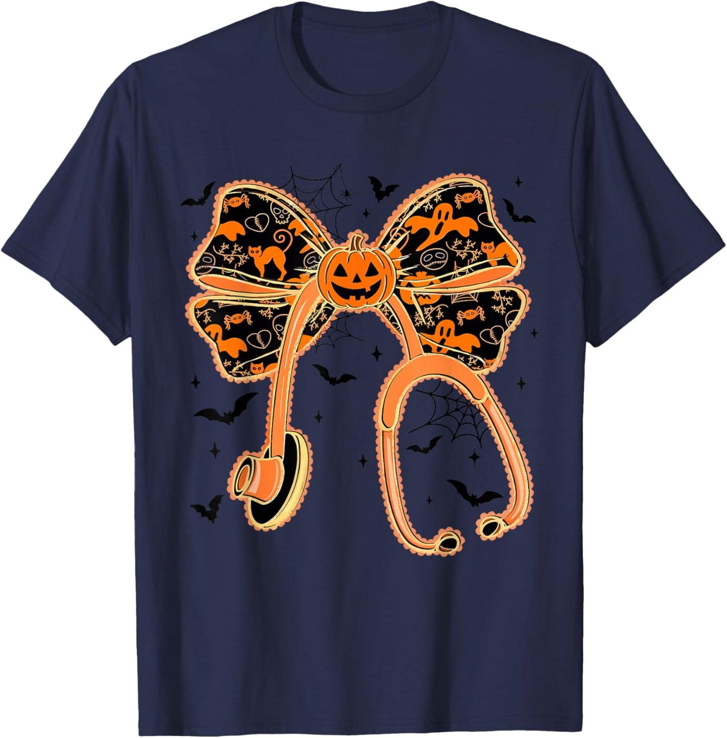 Stethoscope Nurse Halloween Nurse Spooky Coquette Pumpkin T-Shirt - T-Shirt | Navy