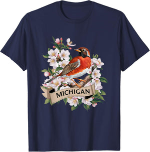 Michigan American Robin Bird and Apple Blossom Flower T-Shirt - T-Shirt | Navy