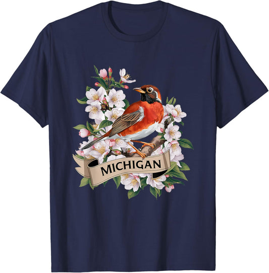Michigan American Robin Bird and Apple Blossom Flower T-Shirt - T-Shirt | Navy