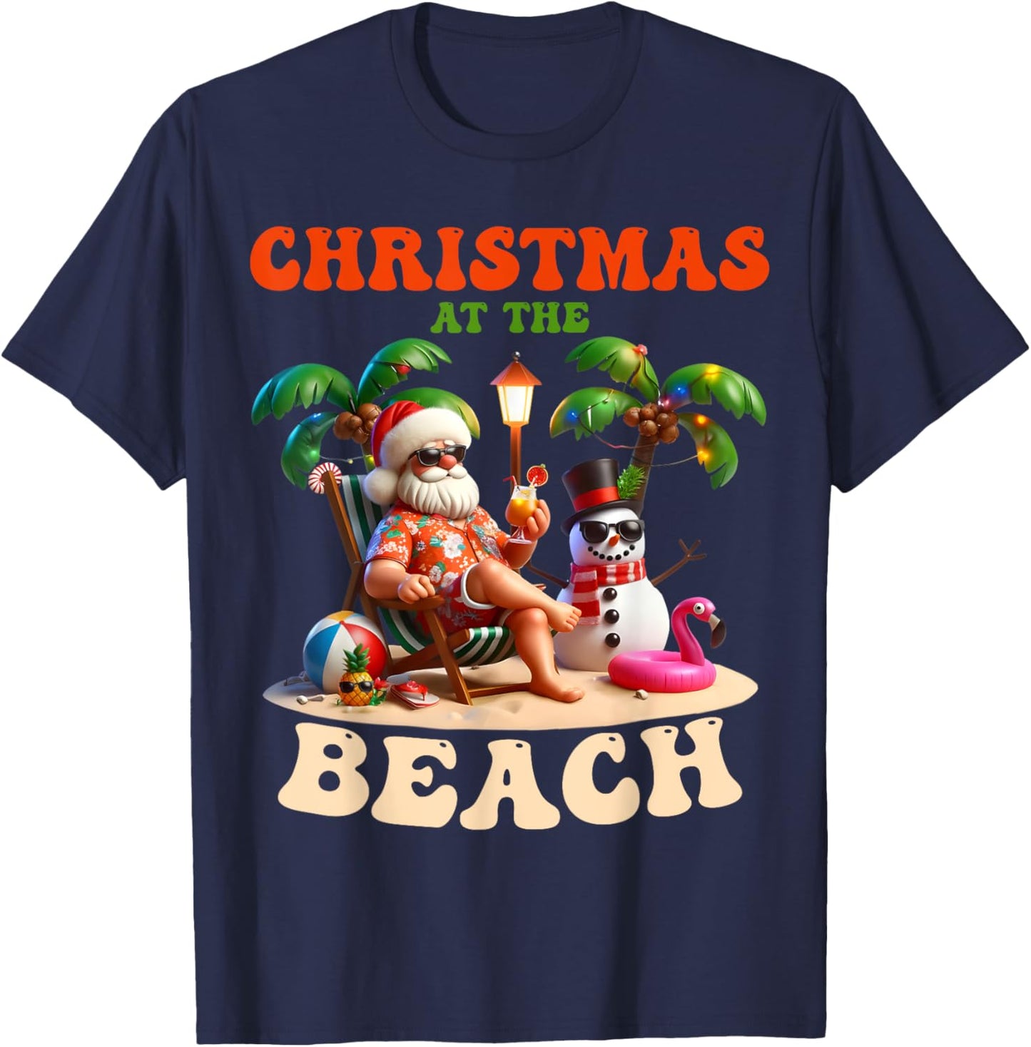 Christmas At The Beach Xmas In July Snowman Flamingo Summer T-Shirt - T-Shirt | Navy