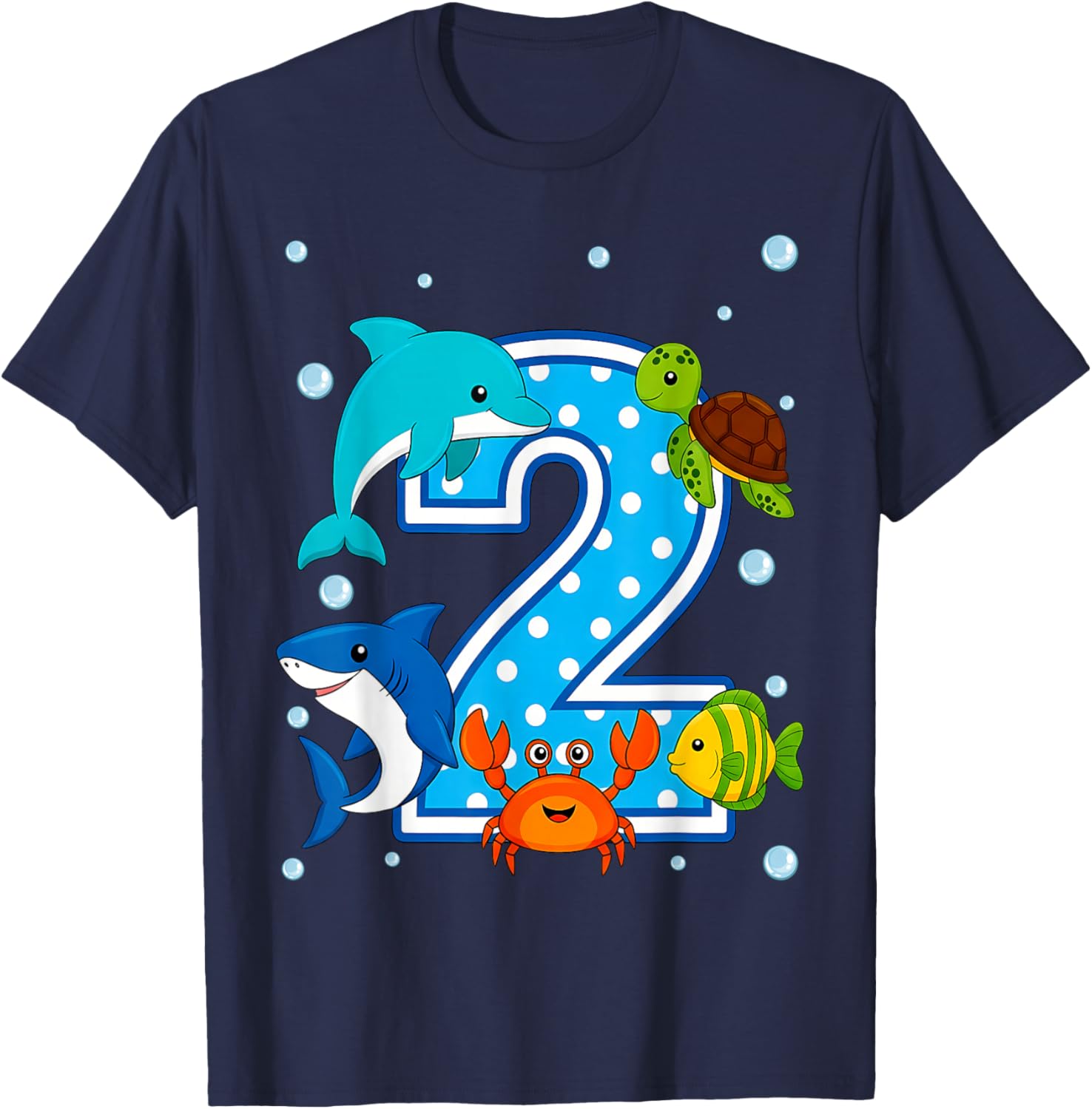 2nd Birthday Party 2 Year Old Sea Fish Aquarium Boy T-Shirt - T-Shirt | Navy