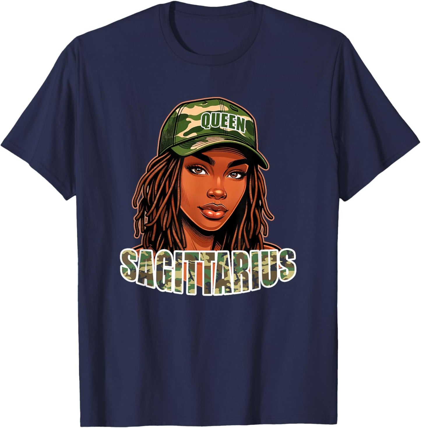 Sagittarius Queen Camo Hat Locs Birthday Black Woman T-Shirt - T-Shirt | Navy