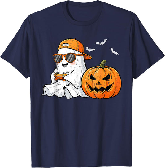 Funny Halloween Boo with Sunglasses Playing Game Gaming Boys T-Shirt - T-Shirt | Navy