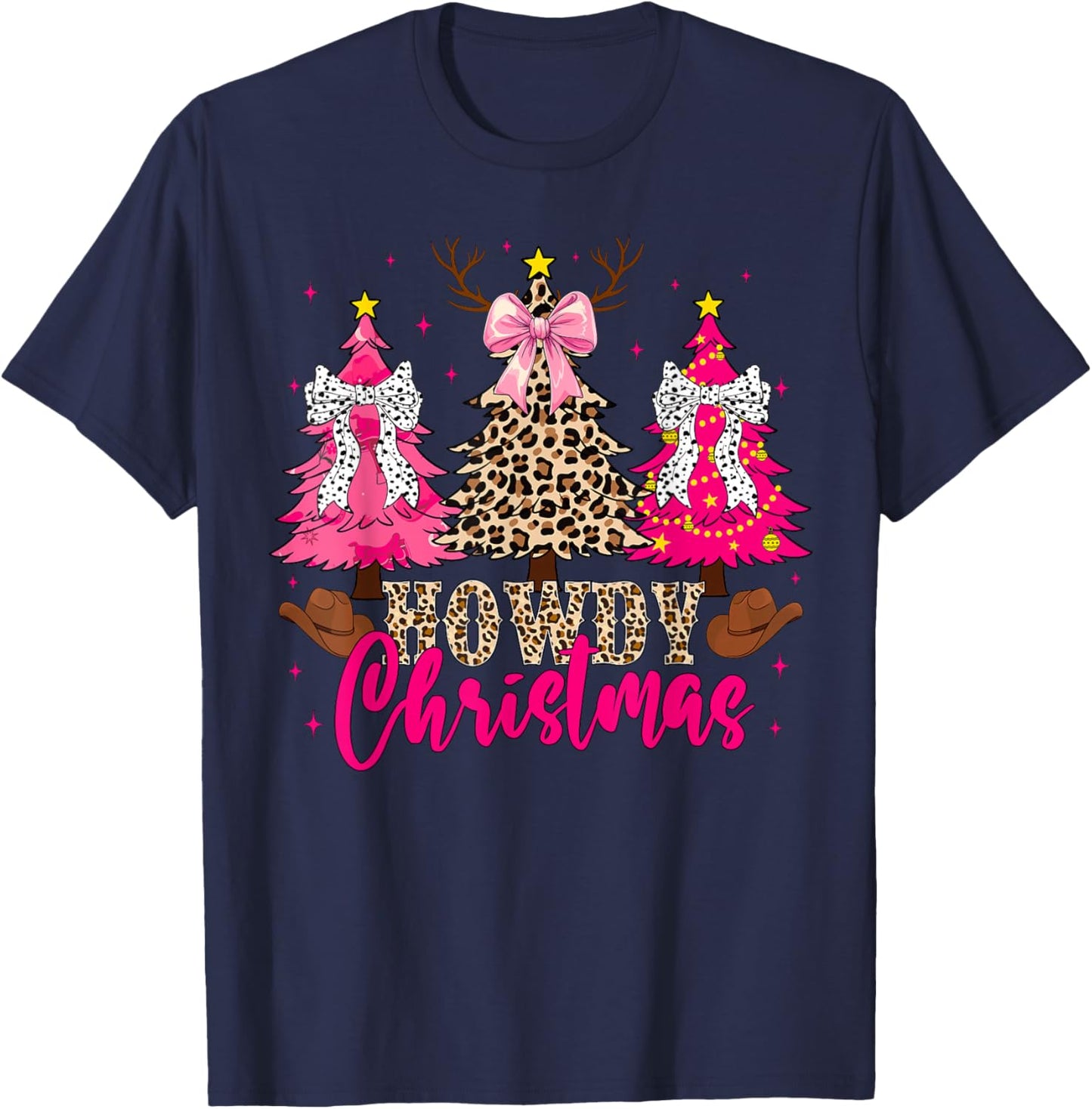 Howdy Christmas Trees Cowgirl Western Coquette Bow Women Kid T-Shirt - T-Shirt | Navy