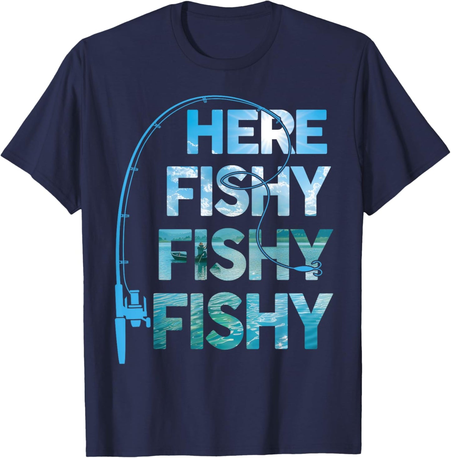 Fishing-Shirt Here-Fishy Fisherman Funny Bass Fish Dad T-Shirt - T-Shirt | Navy