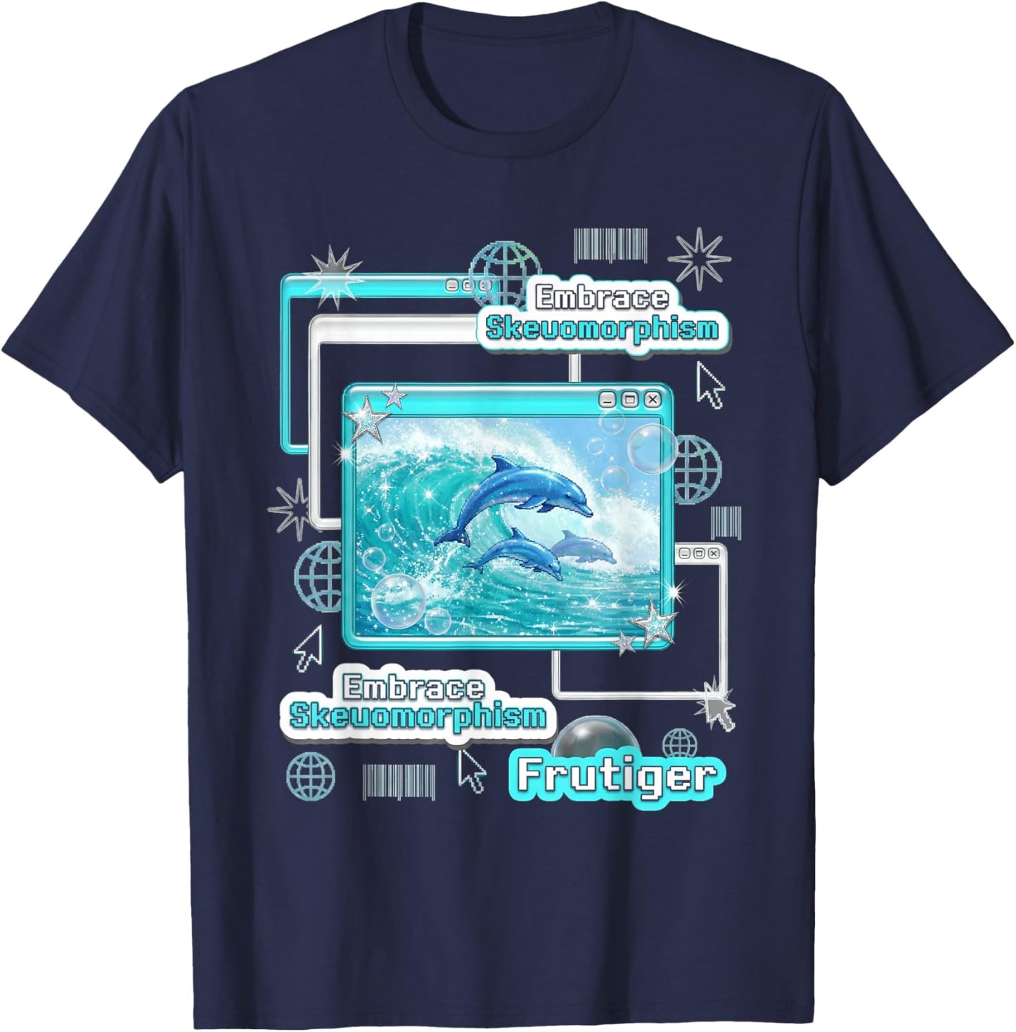 Frutiger Aero Skeuomorphismus Delfine Y2K Ästhetisches Design T-Shirt - T-Shirt | Navy