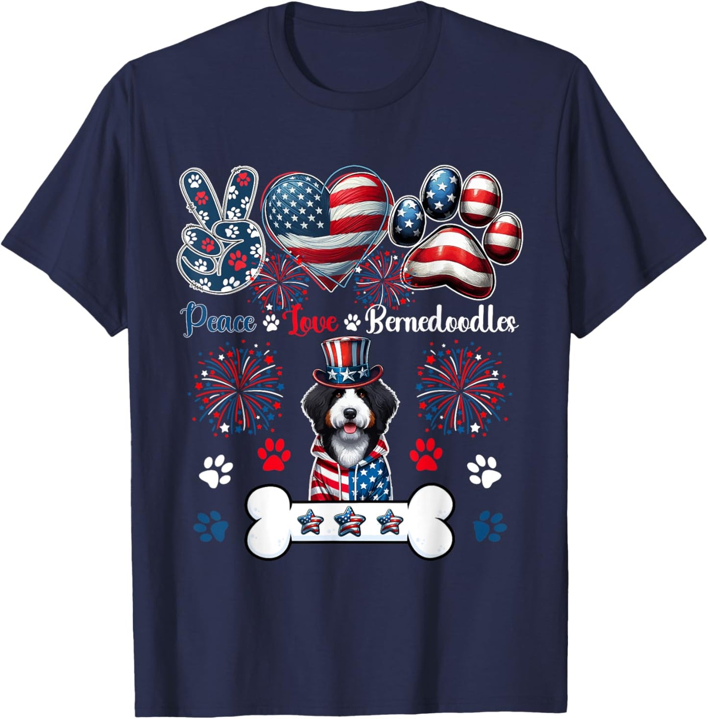 Peace Love Bernedoodles 4th Of July Owner Lover Patriotic T-Shirt - T-Shirt | Navy