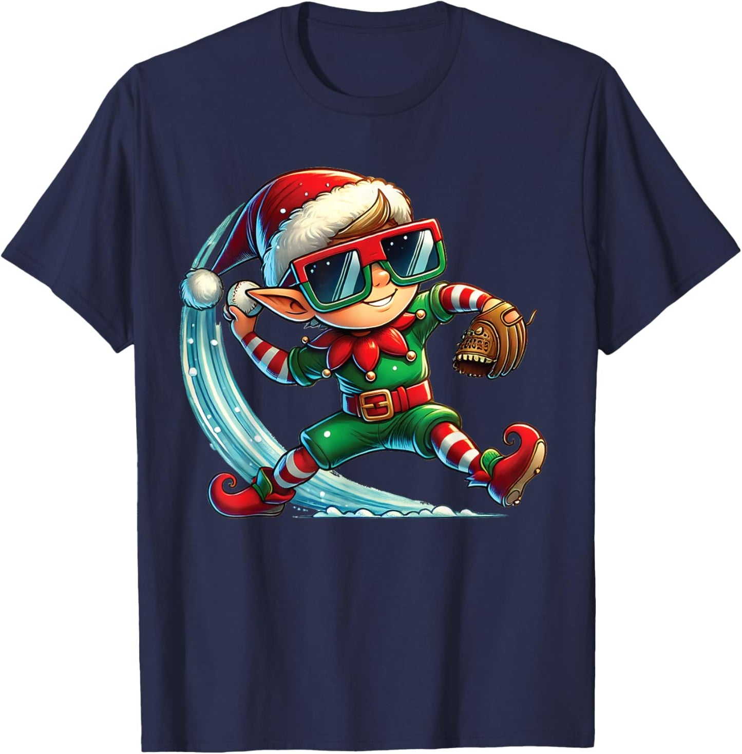 Elf Playing Baseball as Pitcher Boys Kids Teens Christmas T-Shirt - T-Shirt | Navy