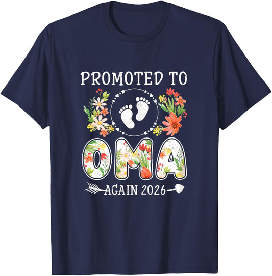 Promoted to Oma Again 2026 Flower Grandma 2nd 3rd Reveal T-Shirt - T-Shirt | Navy