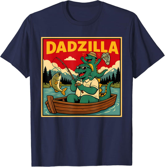 Dadzilla Fishing Dinosaur Father and Son Retro T-Shirt - T-Shirt | Navy