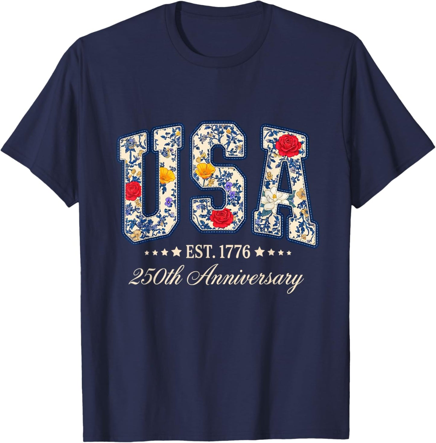 Floral USA 4th of July Patriotic Women 250th Anniversary USA T-Shirt - T-Shirt | Navy