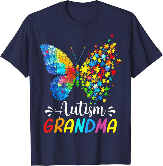 Autism Awareness Grandma Butterfly Cute Colorful Rainbow T-Shirt - T-Shirt | Navy