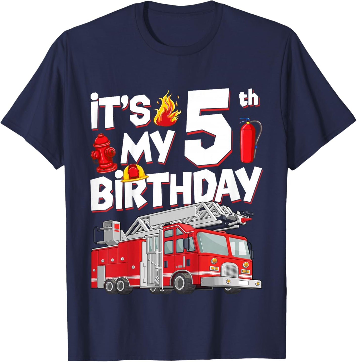 5th Birthday Boy Fire Truck 5 Years Old Toddler Firefighter T-Shirt - T-Shirt | Navy